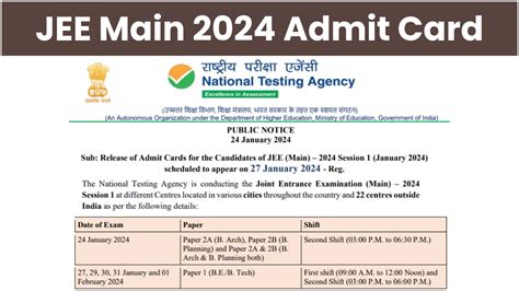 jee main admit card 2024 date